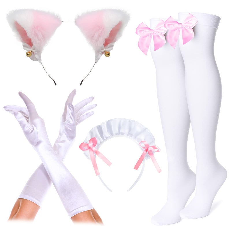 Irtysh Girl Sweet Kawaii Costume Dress Anime French Maid Cosplay Furry Cat Ear Gloves Socks Set(Pink 3XL) - Image 5